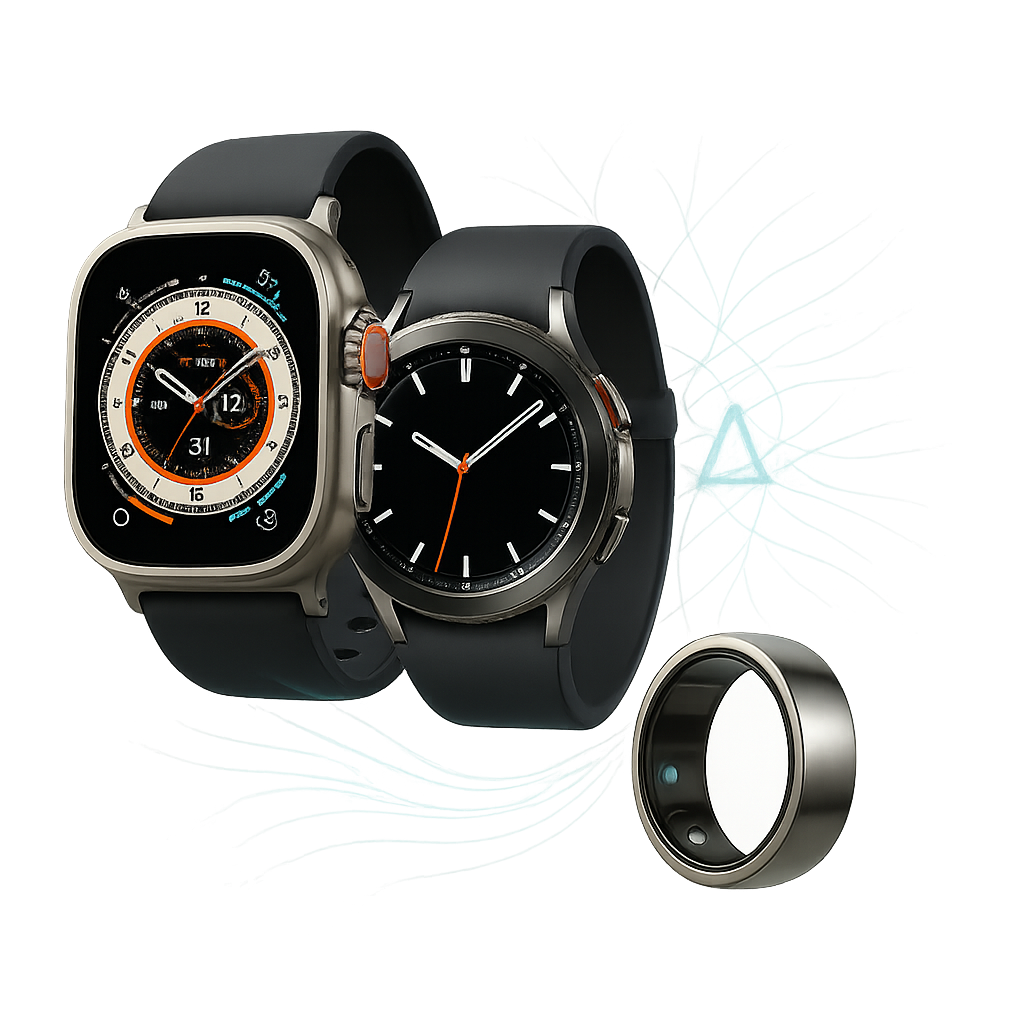 Collection of wearable health devices connecting to a central data hub