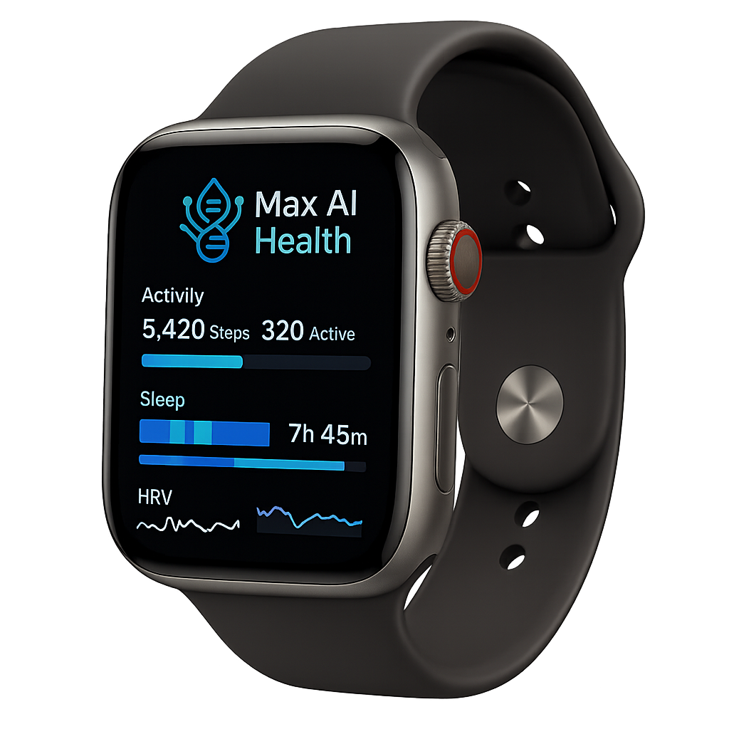 Mockup of Max AI Health app dashboard showing integrated wearable data charts